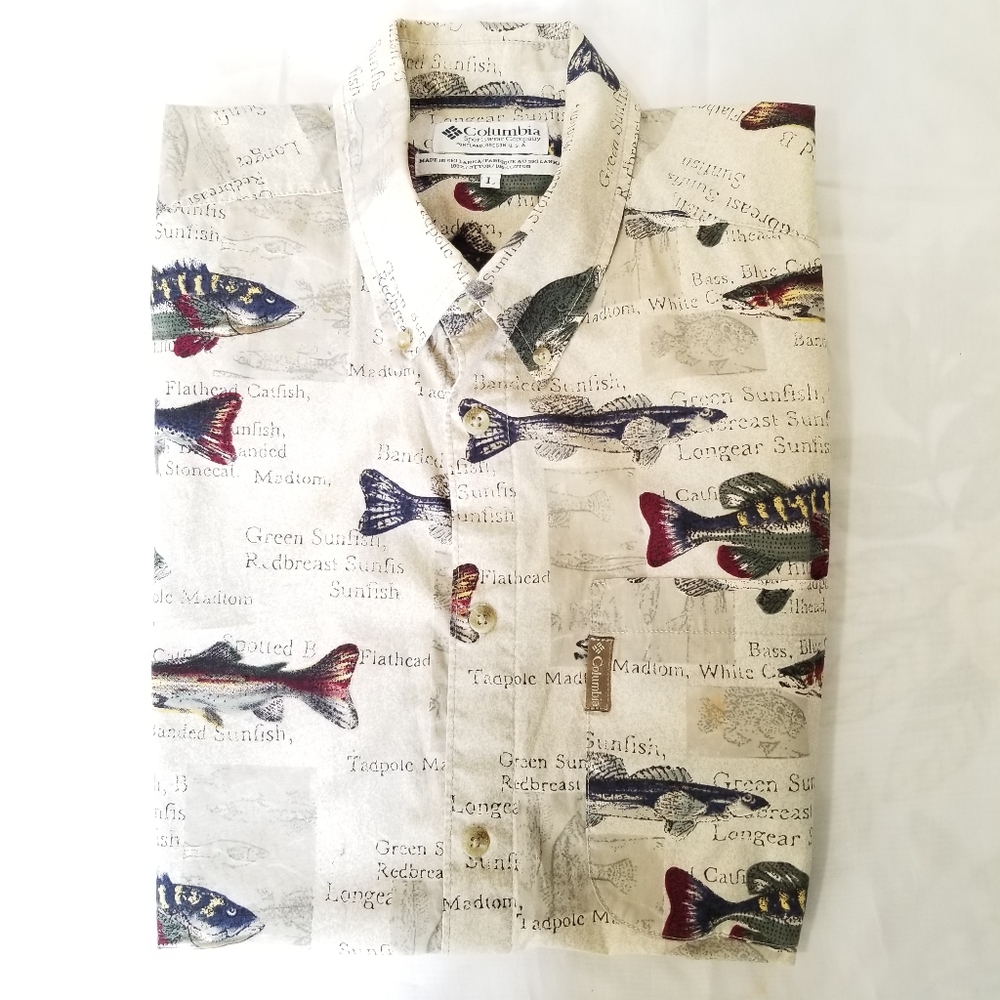 Columbia Button Down Camp Fish Shirt Mens Large